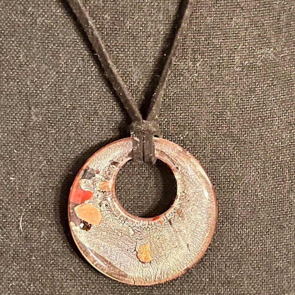Handmade Dichroic Glass Donut Pendant Necklace Rose Pink Gold Fused Art Jewelry - Picture 12 of 17